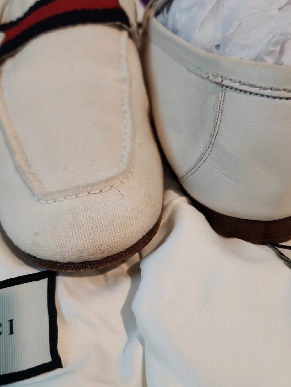 Gucci Ivory Canvas Loafers with Red & Blue Web Stripe